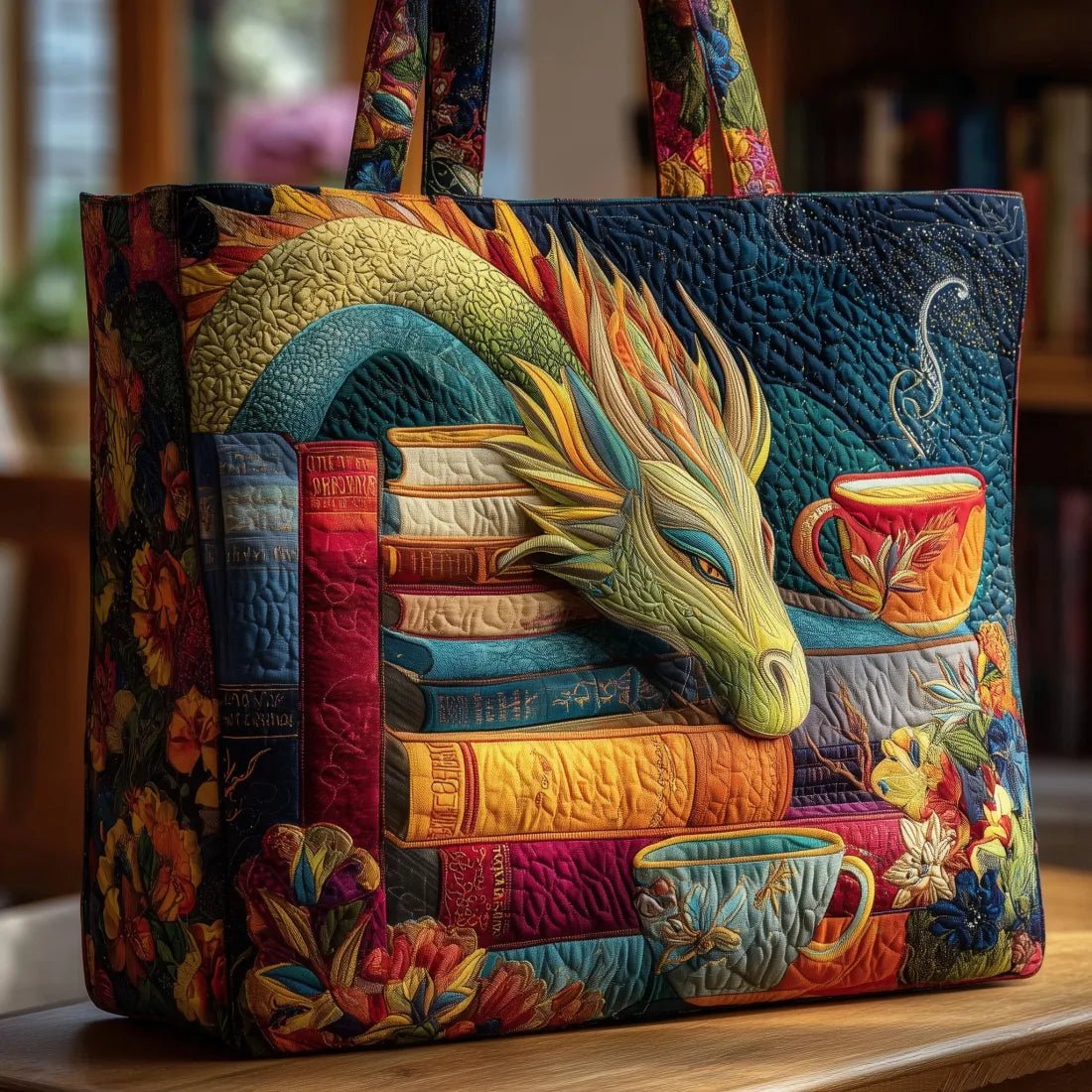 Bolso de hombro de dragón hecho a mano con libros y tazas - AURA