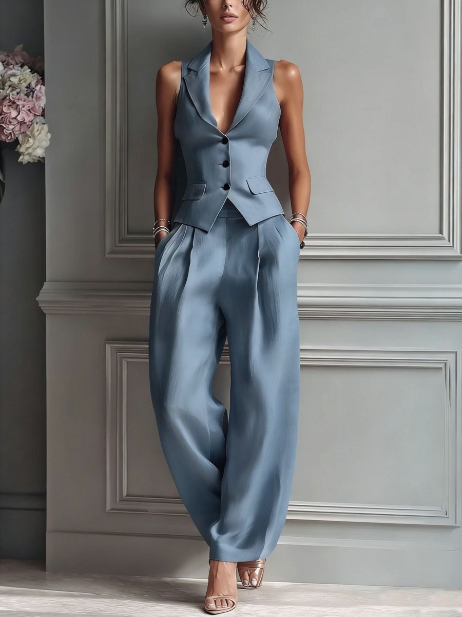 Conjunto de dos piezas para mujer con cuello en V y botones - AURA