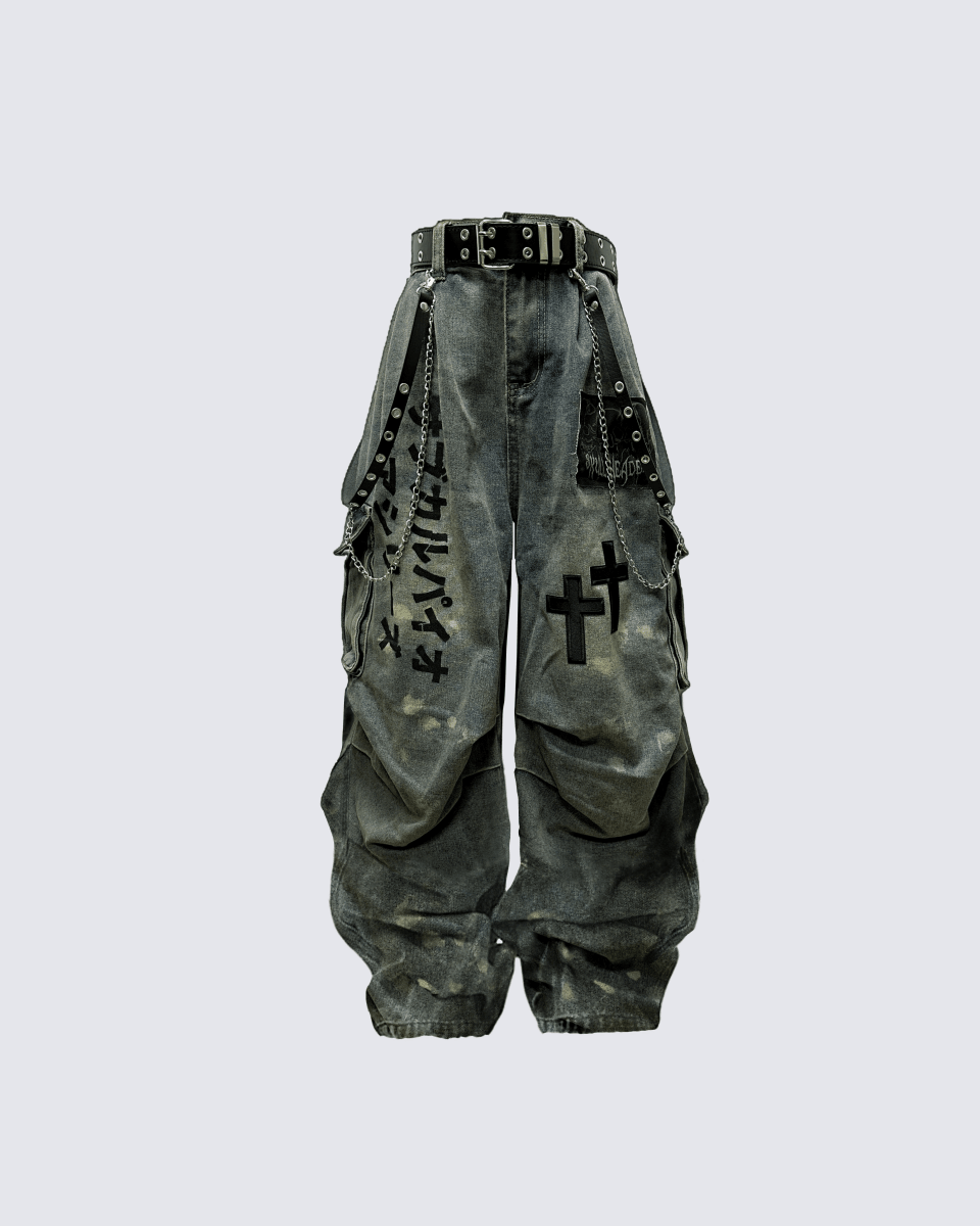 Dark Graffiti Patchwork Cargo Jeans（Free Belt and Chain Included） - AURA