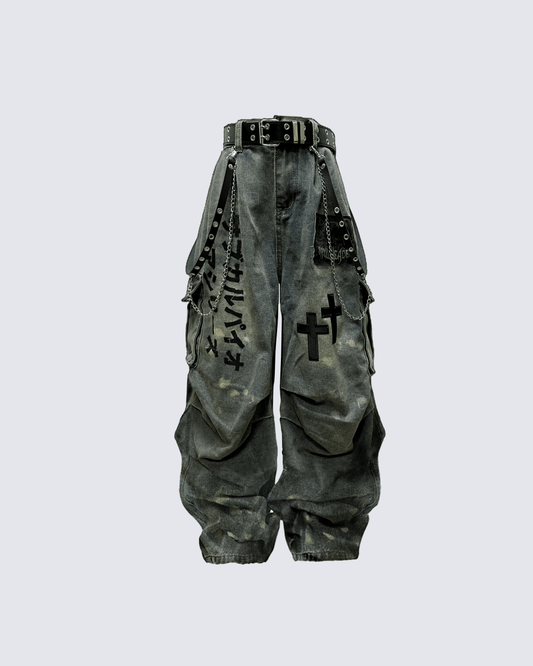 Dark Graffiti Patchwork Cargo Jeans（Free Belt and Chain Included） - AURA