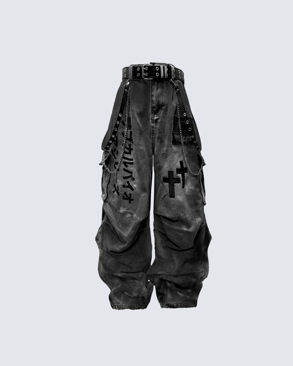 Dark Graffiti Patchwork Cargo Jeans（Free Belt and Chain Included） - AURA