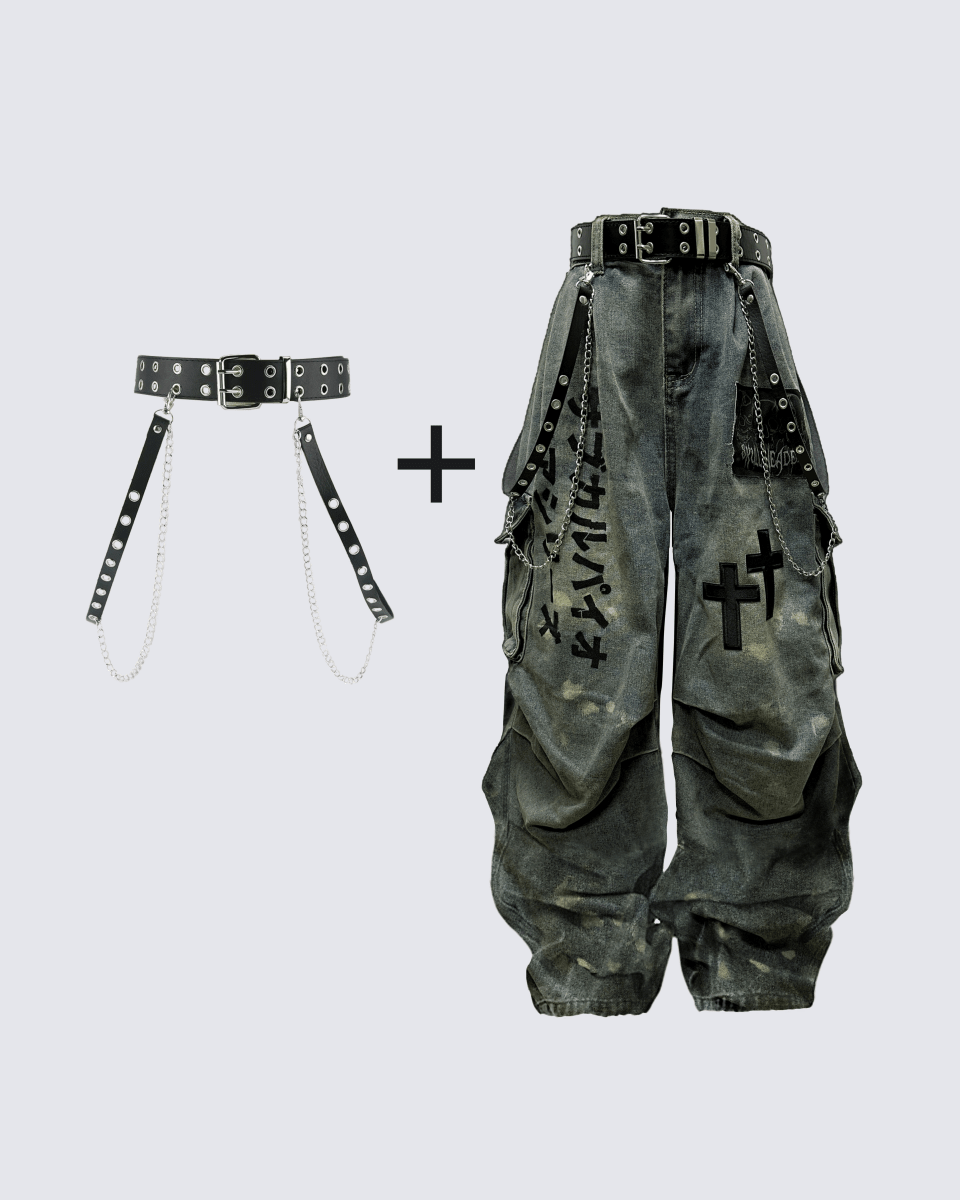 Dark Graffiti Patchwork Cargo Jeans（Free Belt and Chain Included） - AURA