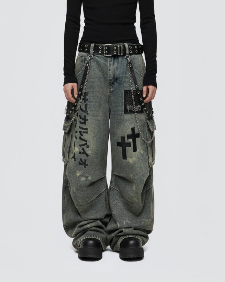 Dark Graffiti Patchwork Cargo Jeans（Free Belt and Chain Included） - AURA