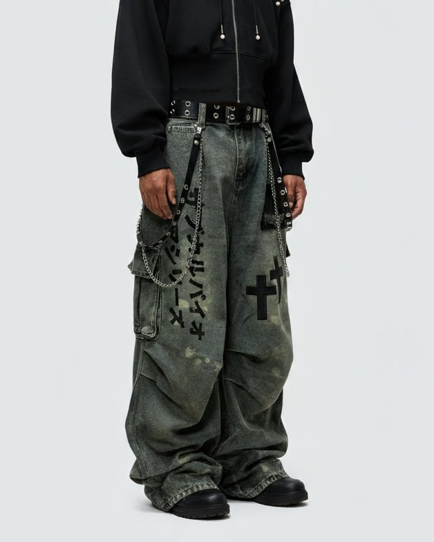 Dark Graffiti Patchwork Cargo Jeans（Free Belt and Chain Included） - AURA