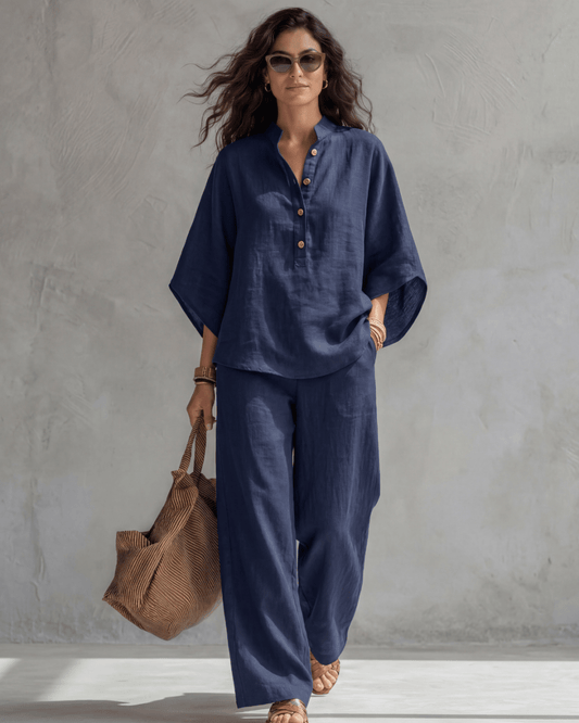 Elena | Conjunto Mujer de Algodón y Lino Azul - AURA