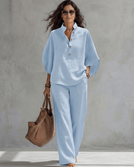 Elena | Conjunto Mujer de Algodón y Lino Azul Cielo - AURA