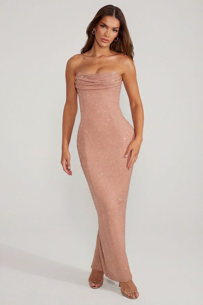 Embellished Bandeau Cowl Neck Maxi Dress in Beige - AURA