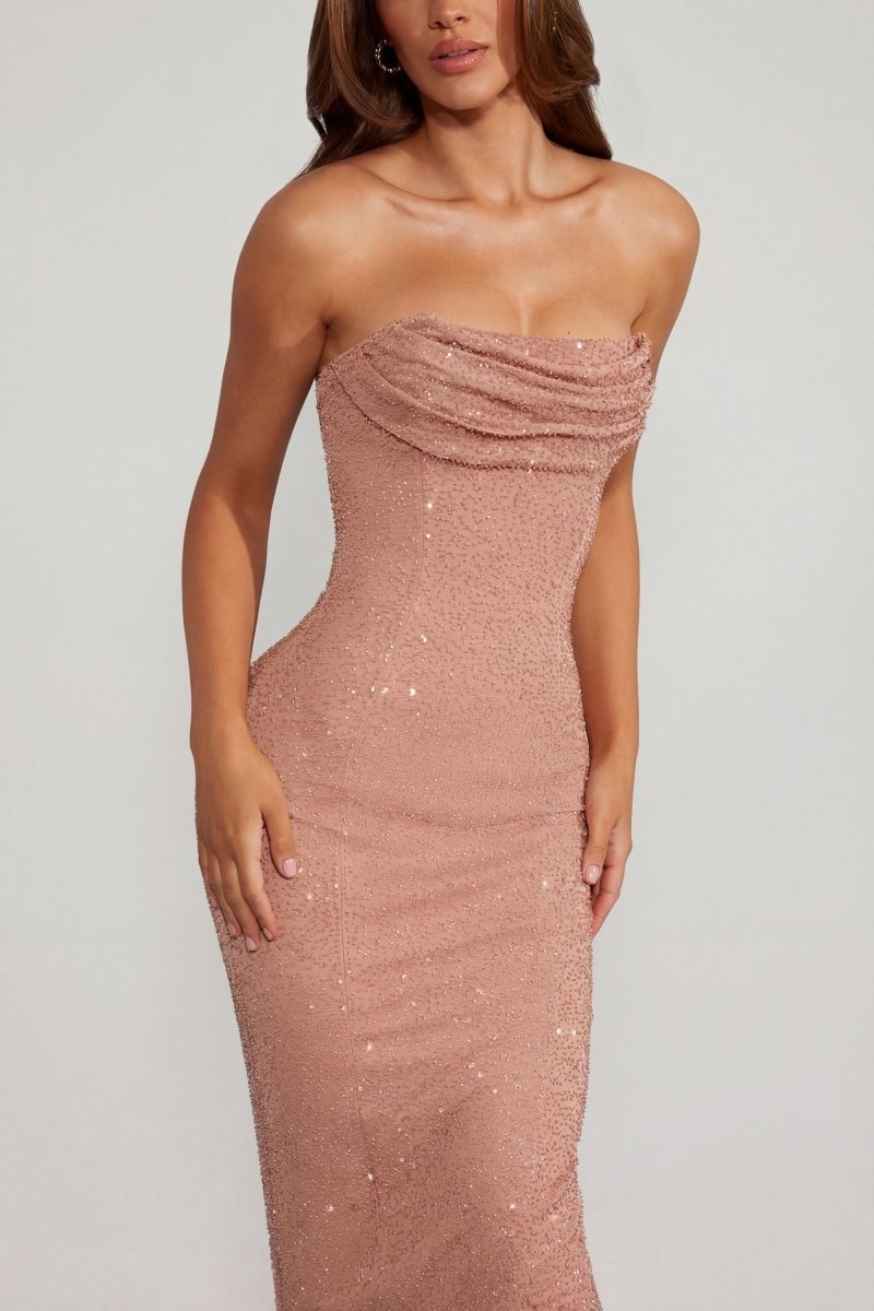 Embellished Bandeau Cowl Neck Maxi Dress in Beige - AURA