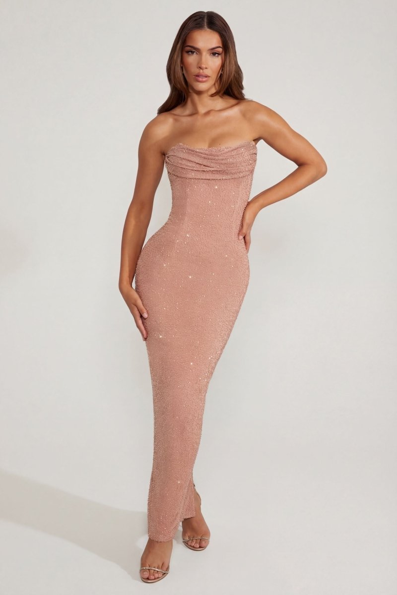 Embellished Bandeau Cowl Neck Maxi Dress in Beige - AURA