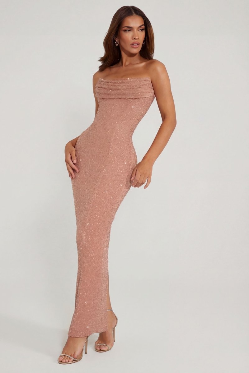 Embellished Bandeau Cowl Neck Maxi Dress in Beige - AURA