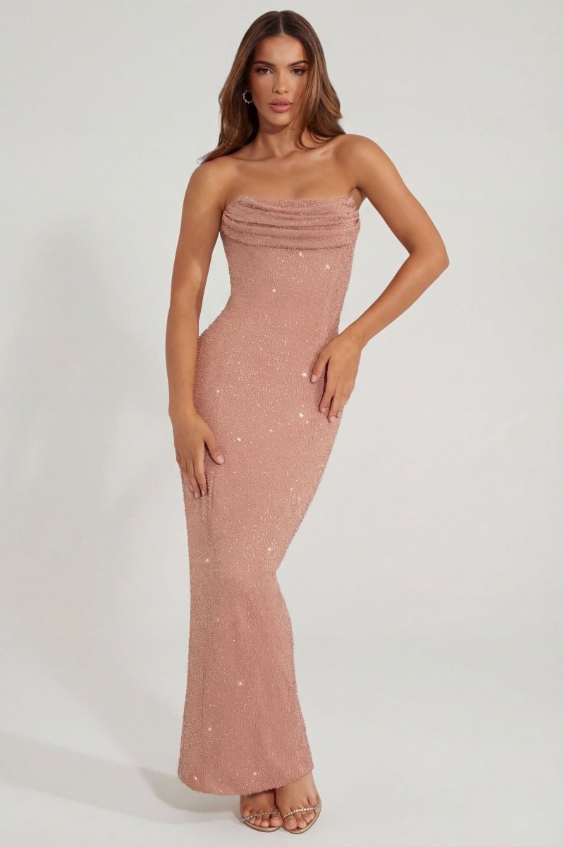 Embellished Bandeau Cowl Neck Maxi Dress in Beige - AURA
