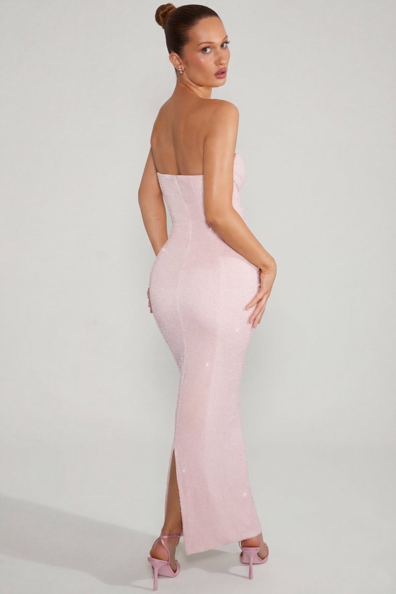 Embellished Bandeau Cowl Neck Maxi Dress in Blush - AURA