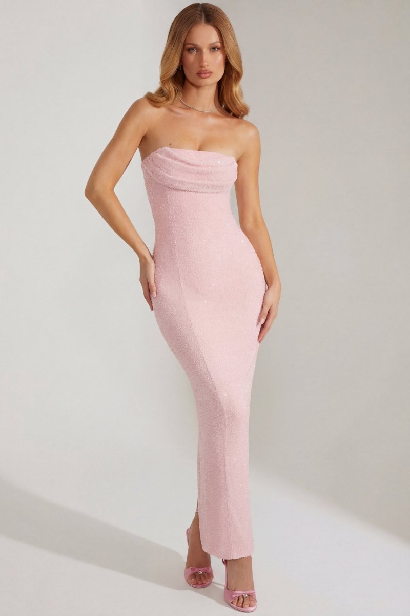 Embellished Bandeau Cowl Neck Maxi Dress in Blush - AURA