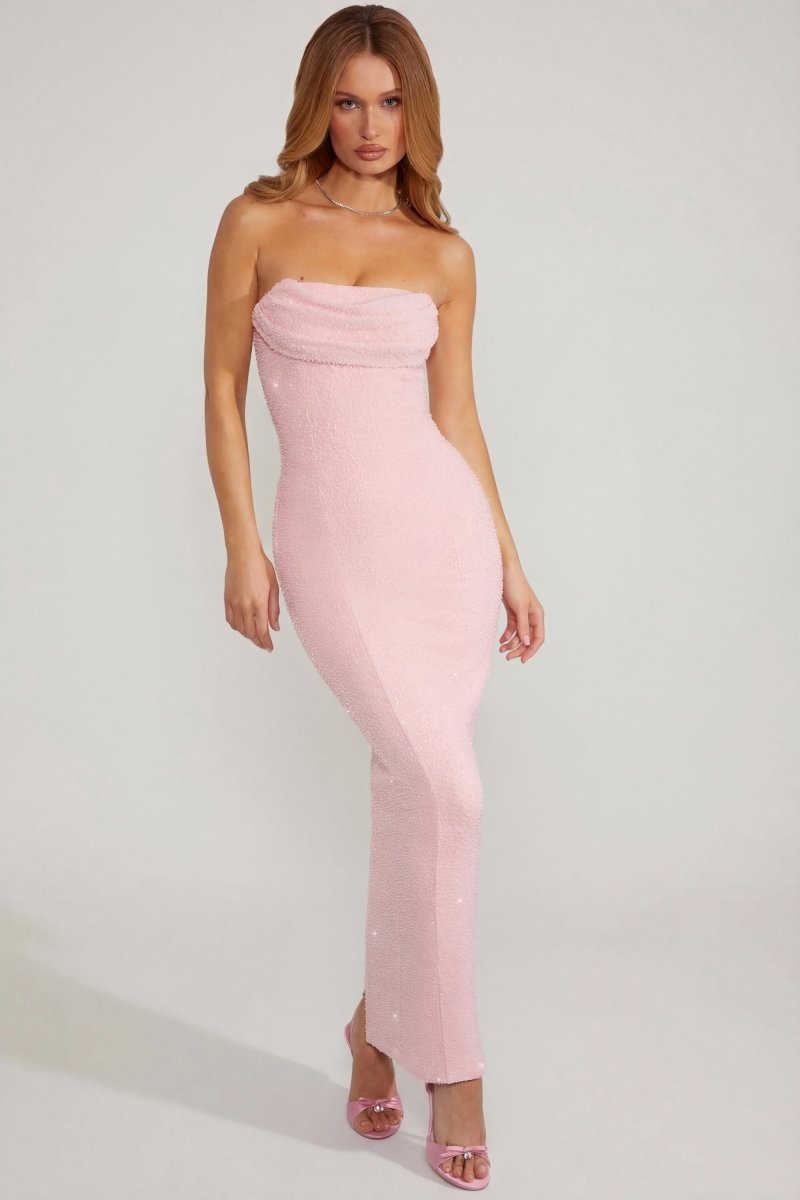 Embellished Bandeau Cowl Neck Maxi Dress in Blush - AURA