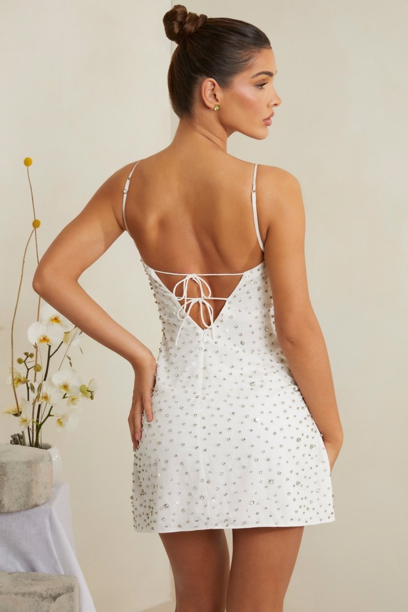 Hand Embellished Cowl Neck Mini Dress in White - AURA