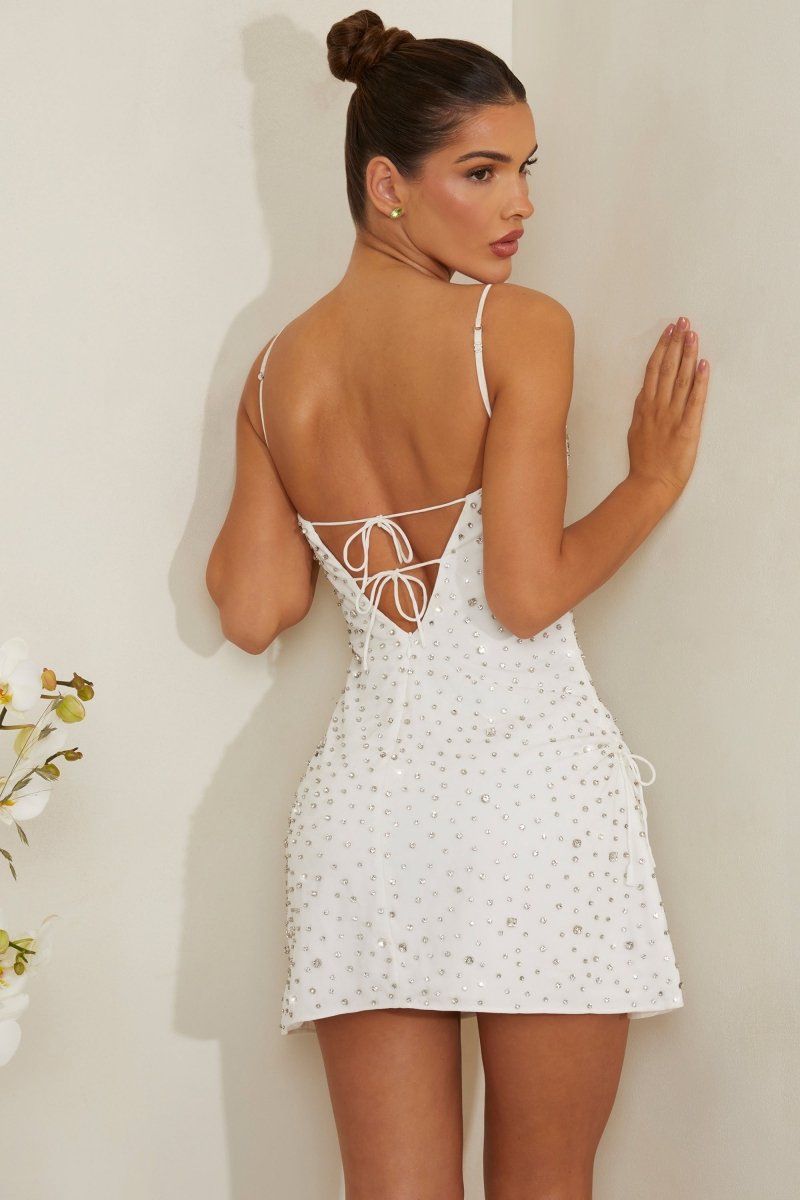 Hand Embellished Cowl Neck Mini Dress in White - AURA