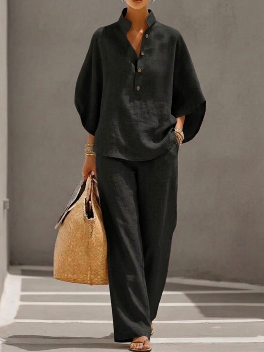 Lorena | Conjunto de Algodón Lino con Mangas Murciélago y Pantalón Ancho - AURA