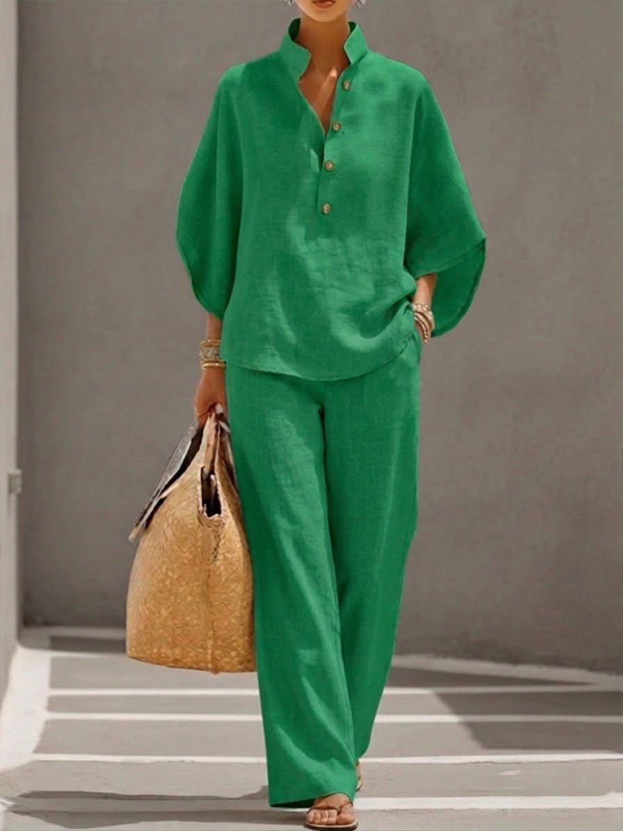 Lorena | Conjunto de Algodón Lino con Mangas Murciélago y Pantalón Ancho - AURA