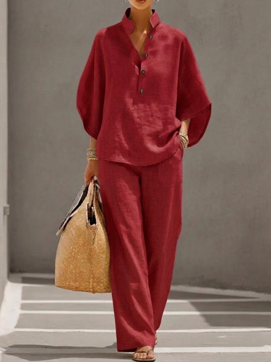 Lorena | Conjunto de Algodón Lino con Mangas Murciélago y Pantalón Ancho - AURA