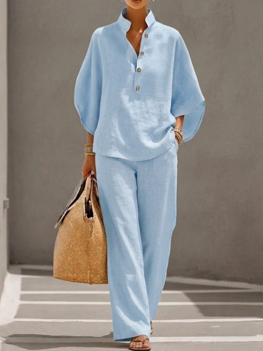 Lorena | Conjunto de Algodón Lino con Mangas Murciélago y Pantalón Ancho - AURA