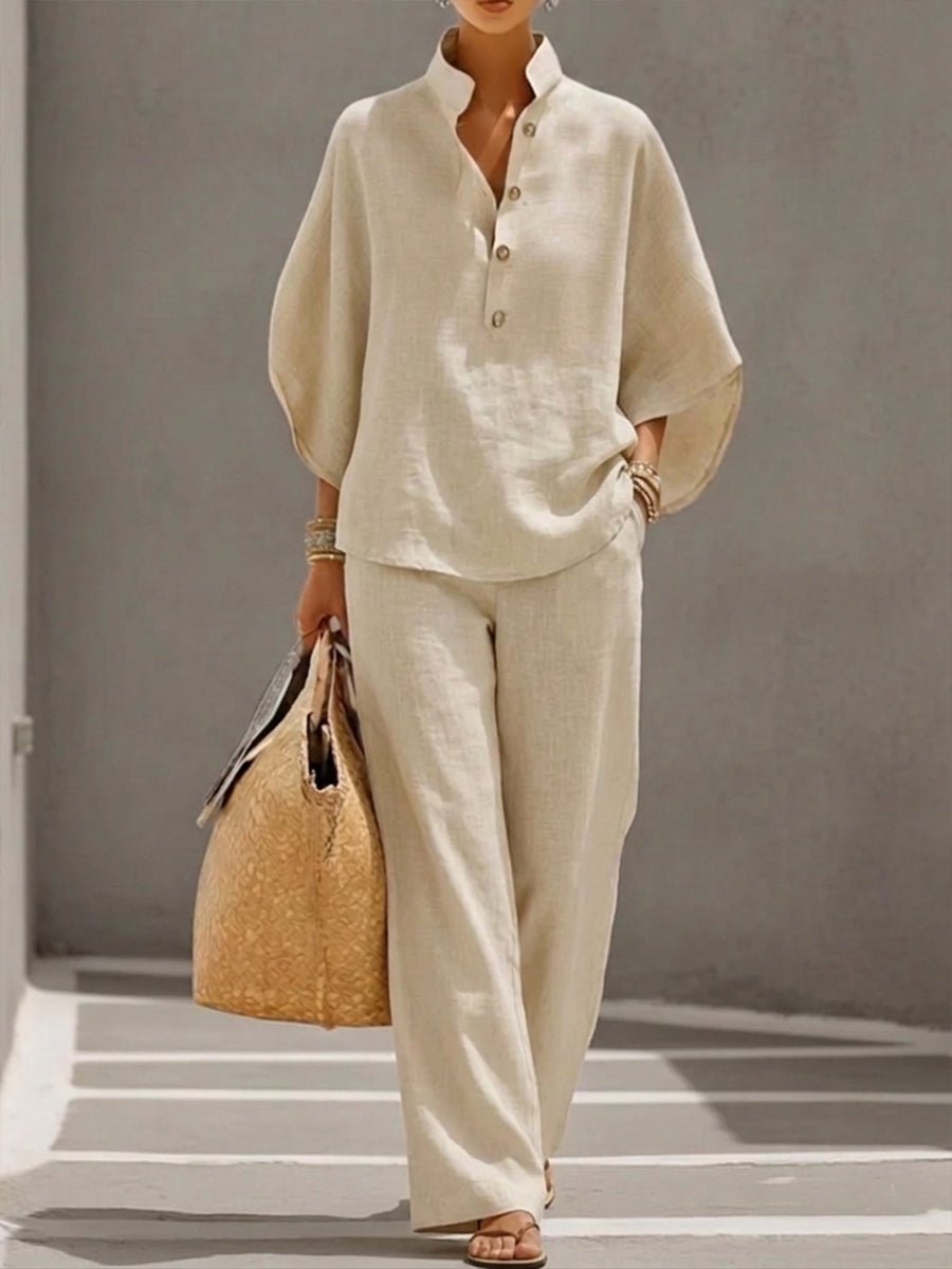 Lorena | Conjunto de Algodón Lino con Mangas Murciélago y Pantalón Ancho - AURA