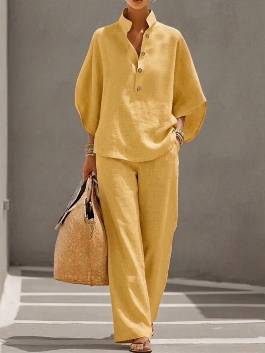 Lorena | Conjunto de Algodón Lino con Mangas Murciélago y Pantalón Ancho - AURA