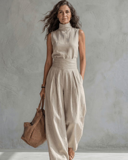Maria | Conjunto Top y Pantalón Ancho Algodón Lino Blanco - AURA