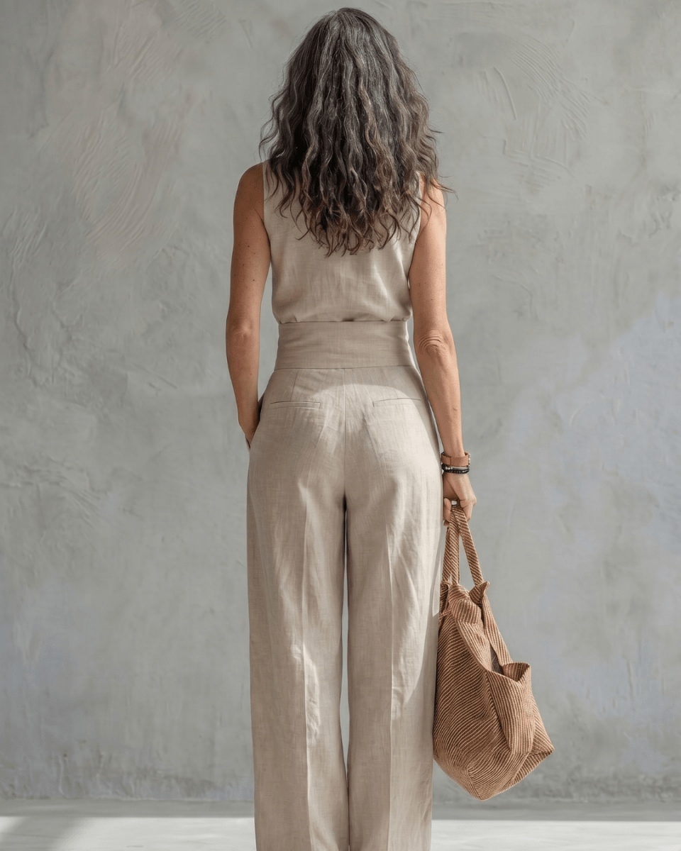 Maria | Conjunto Top y Pantalón Ancho Algodón Lino Blanco - AURA
