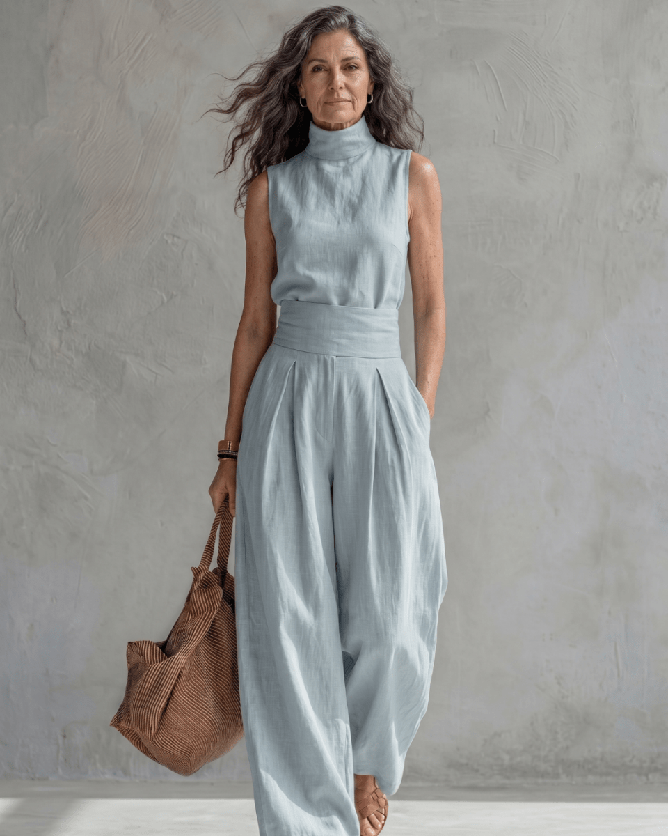 Maria | Conjunto Top y Pantalón Ancho Algodón Lino Blanco - AURA