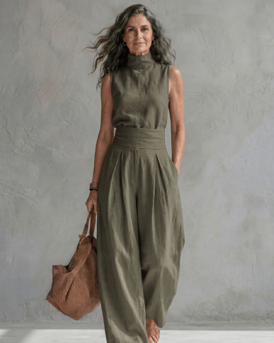 Maria | Conjunto Top y Pantalón Ancho Algodón Lino Blanco - AURA