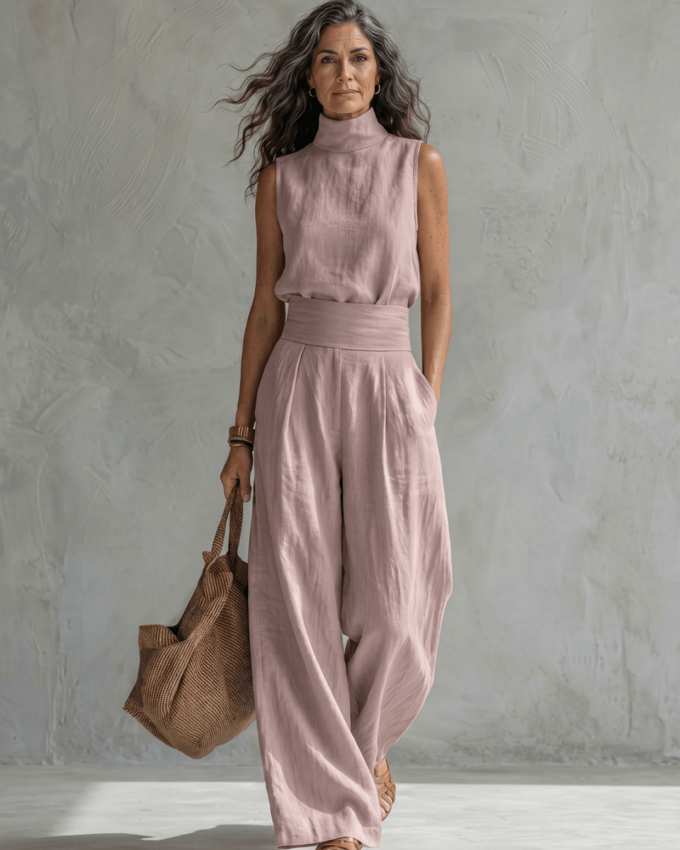 Maria | Conjunto Top y Pantalón Ancho Algodón Lino Blanco - AURA