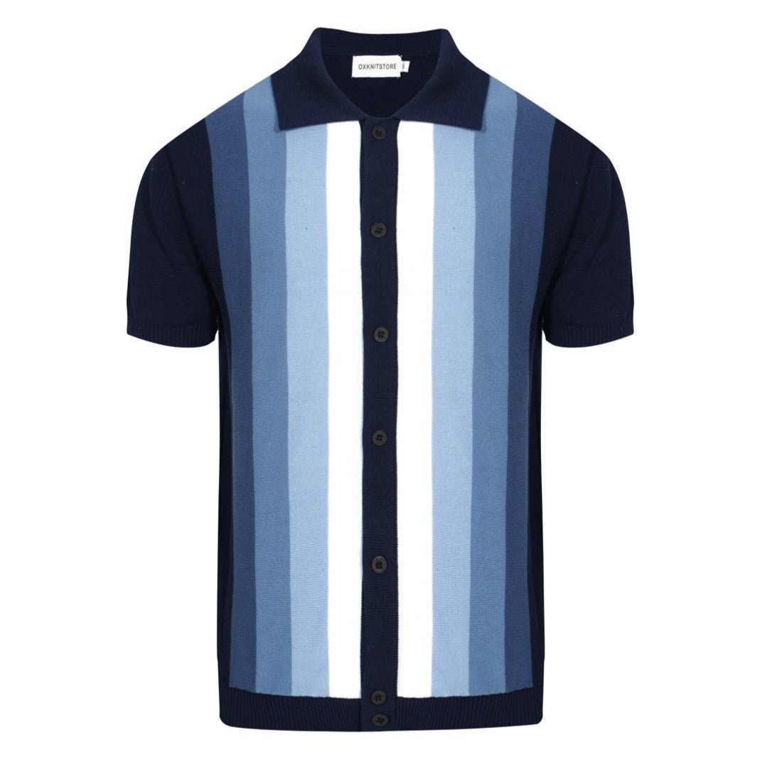 Men's 60s Vertical Stripe Knit Shirt – Navy and Sky Blue Button - Up Polo - AURA