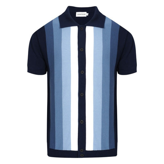Men's 60s Vertical Stripe Knit Shirt – Navy and Sky Blue Button - Up Polo - AURA