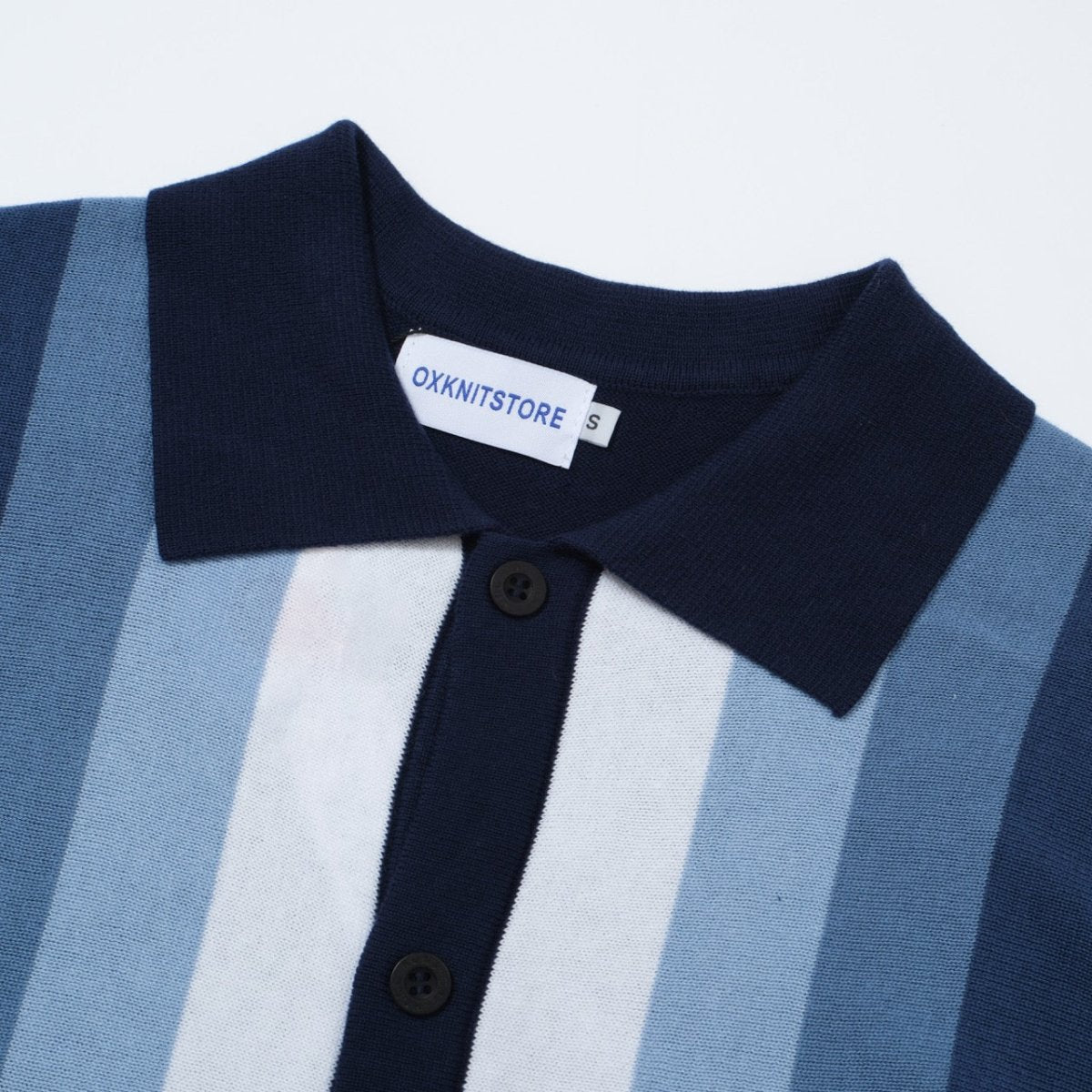 Men's 60s Vertical Stripe Knit Shirt – Navy and Sky Blue Button - Up Polo - AURA
