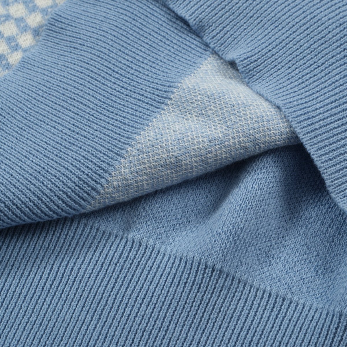 Men's 70s Mod Zip Knit Polo – Light Blue Diamond Pattern Summer Shirt - AURA