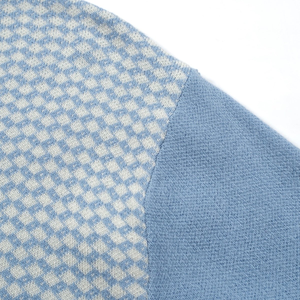 Men's 70s Mod Zip Knit Polo – Light Blue Diamond Pattern Summer Shirt - AURA