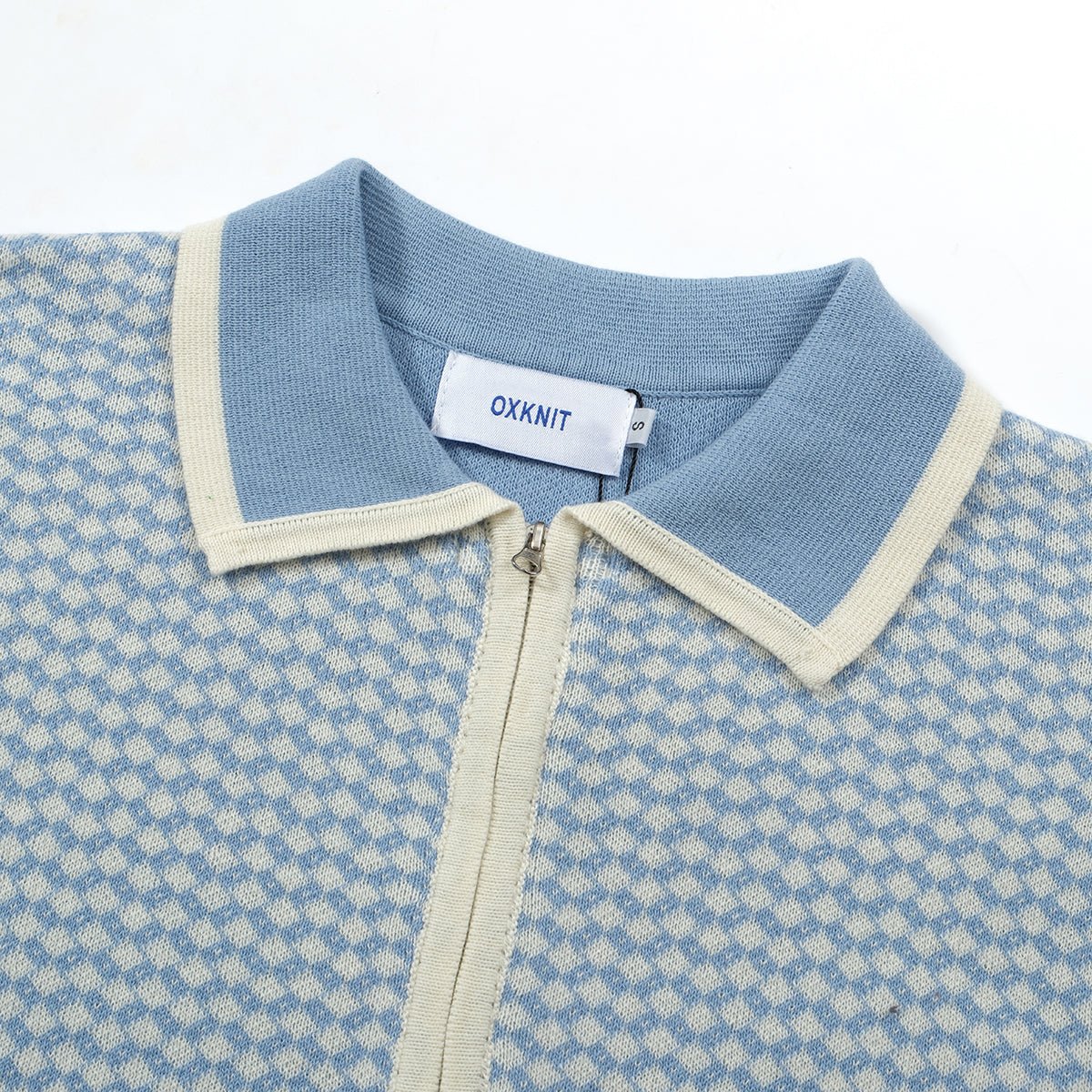 Men's 70s Mod Zip Knit Polo – Light Blue Diamond Pattern Summer Shirt - AURA