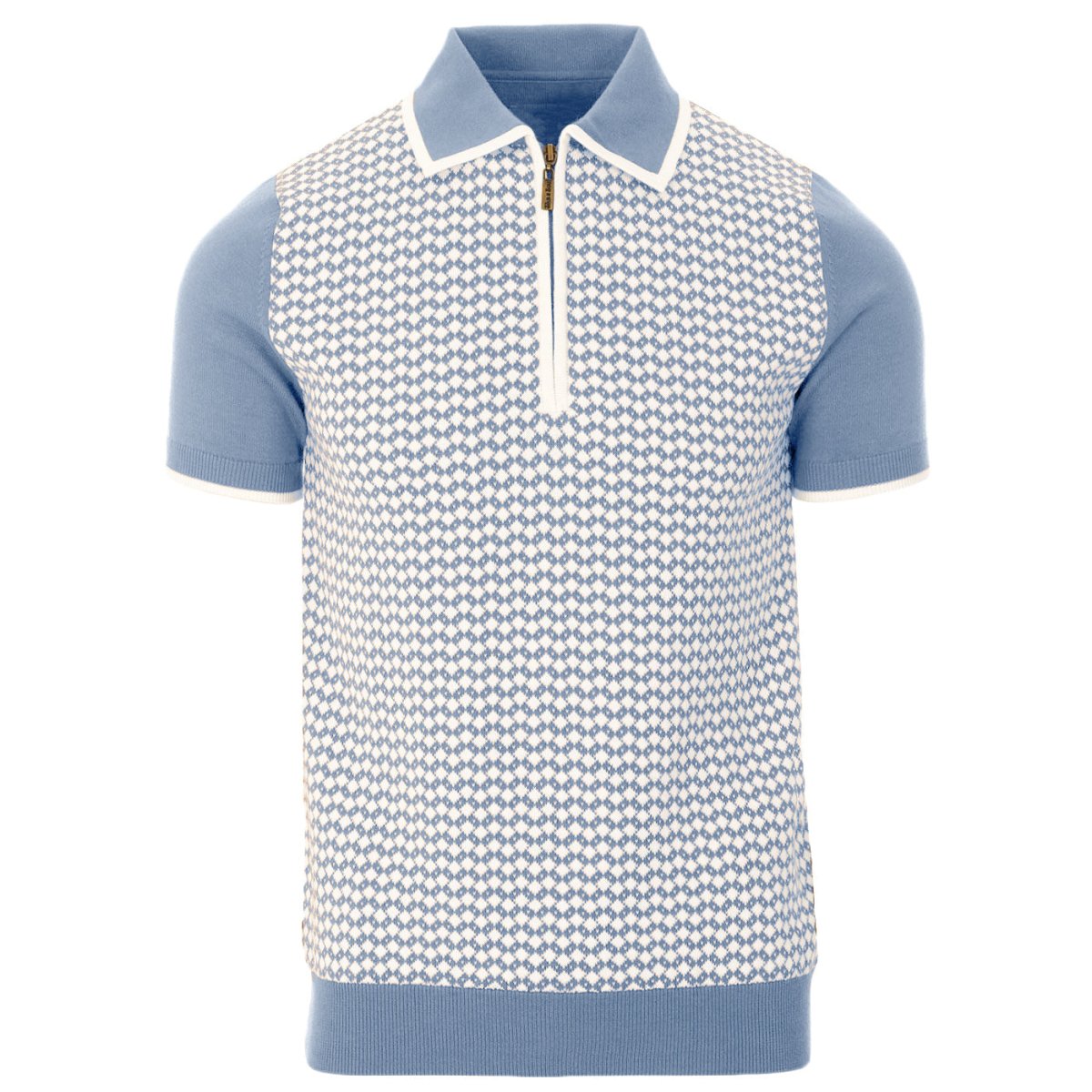 Men's 70s Mod Zip Knit Polo – Light Blue Diamond Pattern Summer Shirt - AURA