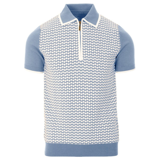 Men's 70s Mod Zip Knit Polo – Light Blue Diamond Pattern Summer Shirt - AURA