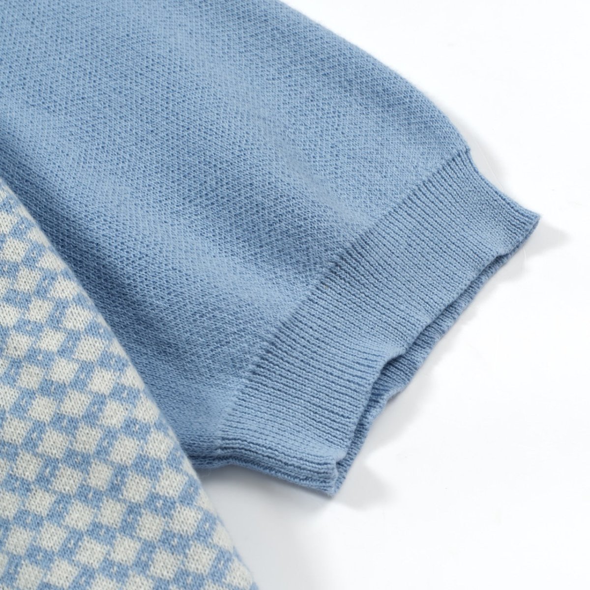 Men's 70s Mod Zip Knit Polo – Light Blue Diamond Pattern Summer Shirt - AURA