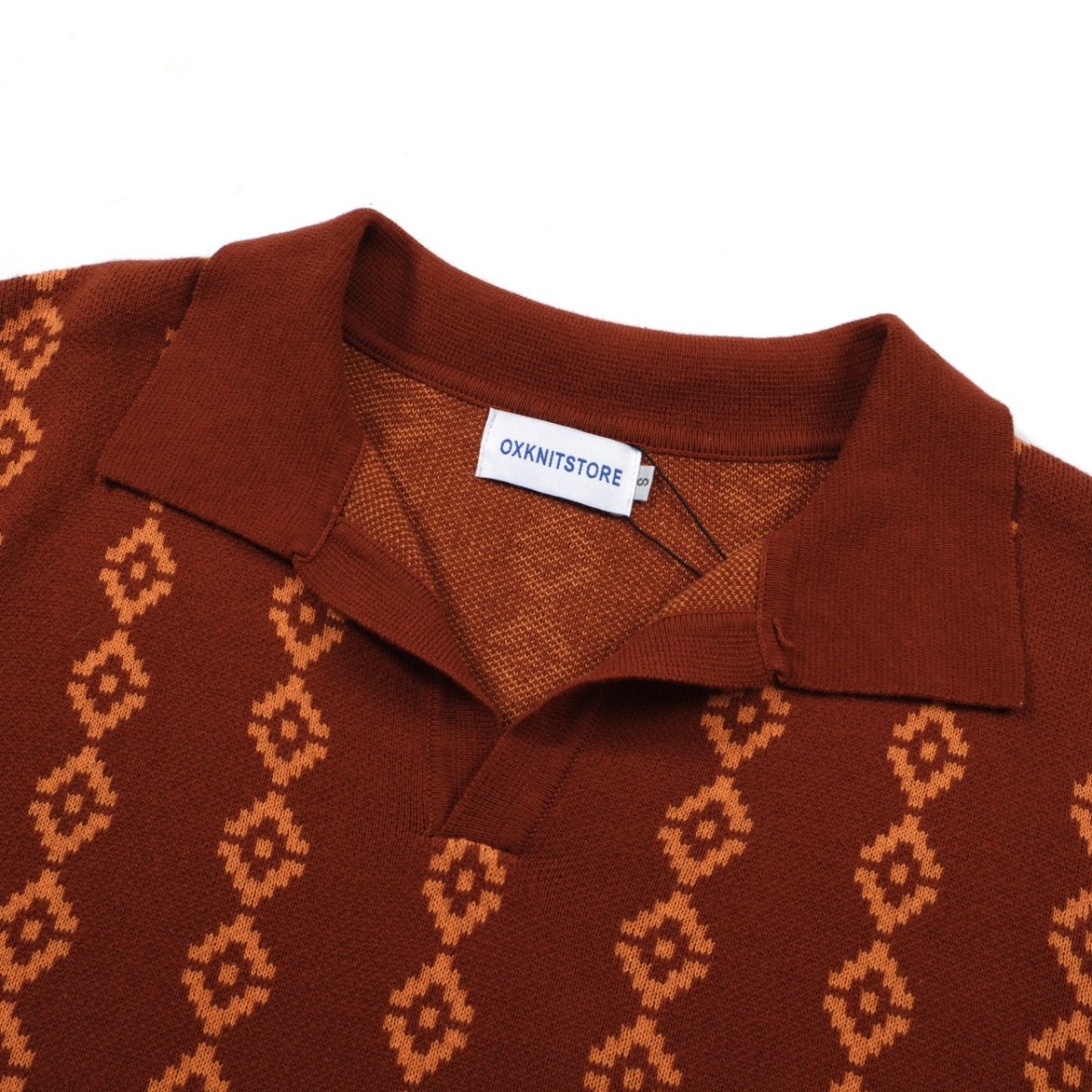 Men's 70s Retro Knit Polo – Rust Orange Geometric Short Sleeve Shirt - AURA
