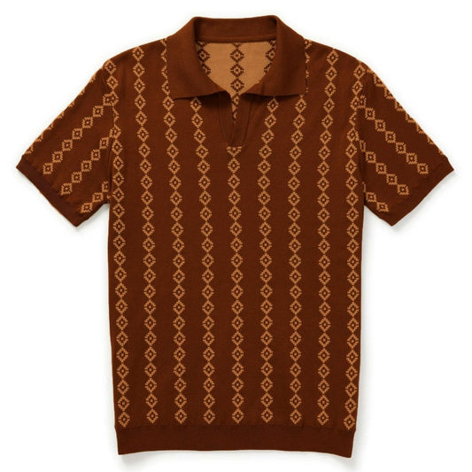 Men's 70s Retro Knit Polo – Rust Orange Geometric Short Sleeve Shirt - AURA