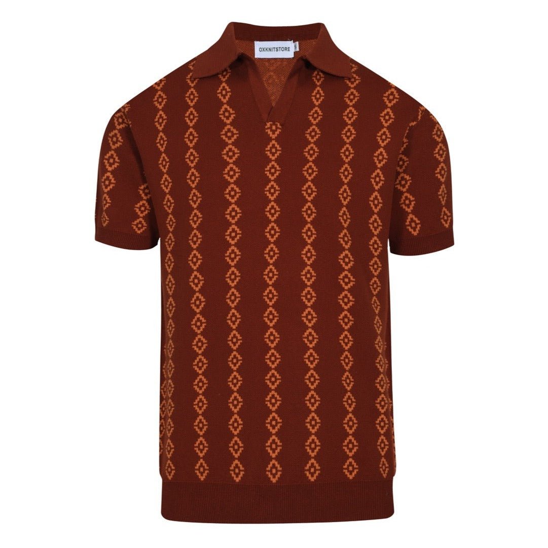 Men's 70s Retro Knit Polo – Rust Orange Geometric Short Sleeve Shirt - AURA
