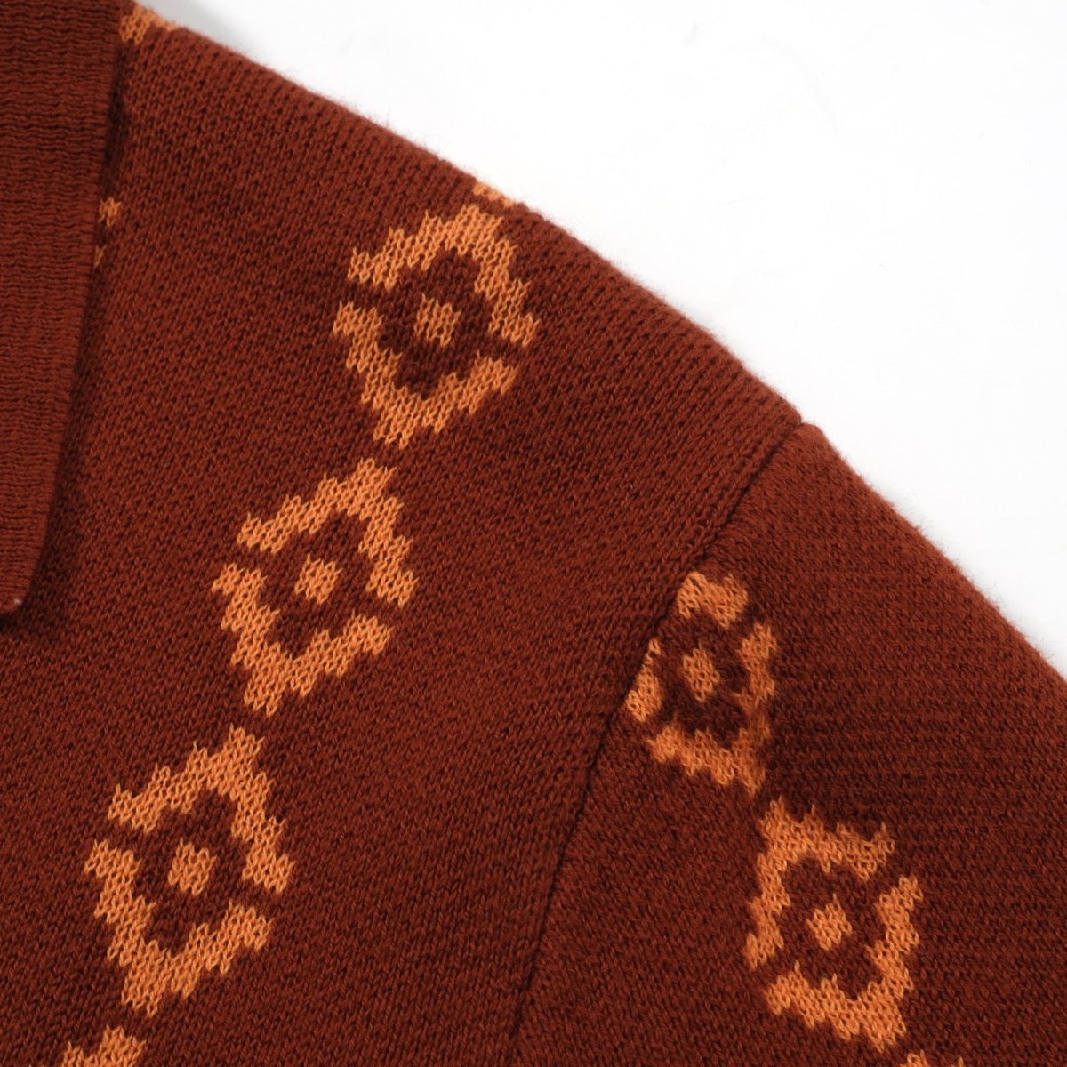 Men's 70s Retro Knit Polo – Rust Orange Geometric Short Sleeve Shirt - AURA