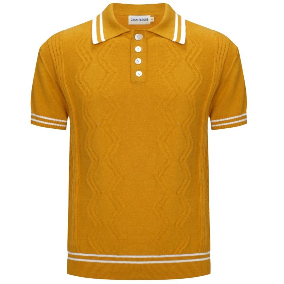 Men's Retro Yellow Textured Knit Polo – 60s Mod Short Sleeve Shirt - AURA