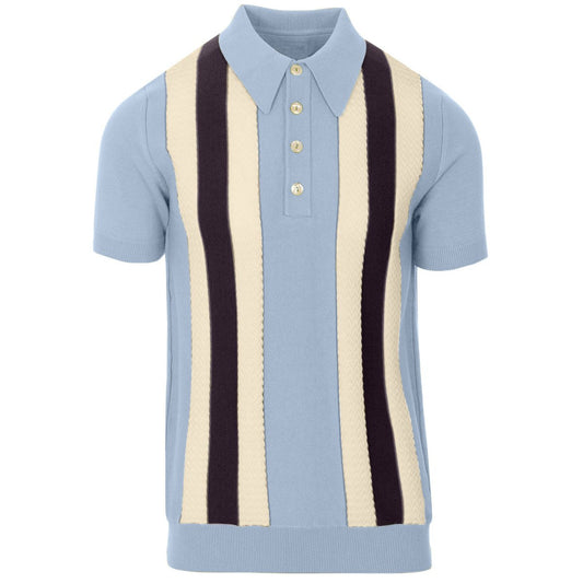 Men's Sky Blue Mod Stripe Knit Polo – 60s Vintage Short Sleeve Shirt - AURA