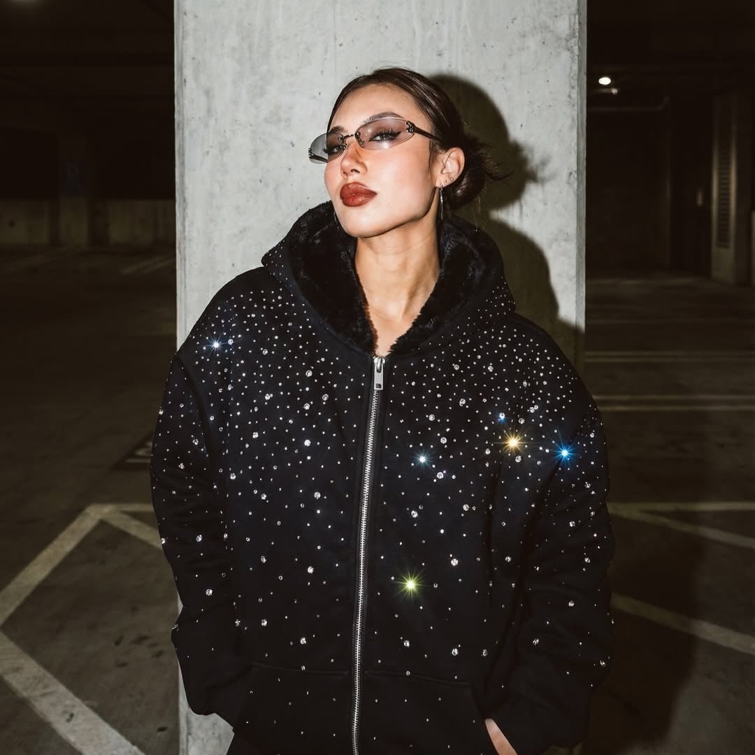 VYBES Rhinestone Galaxy Zip Up (Fur Lined) - AURA